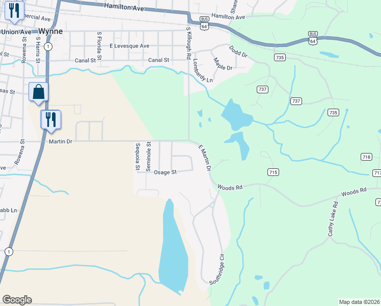map of restaurants, bars, coffee shops, grocery stores, and more near 1314 Quapaw Street in Wynne
