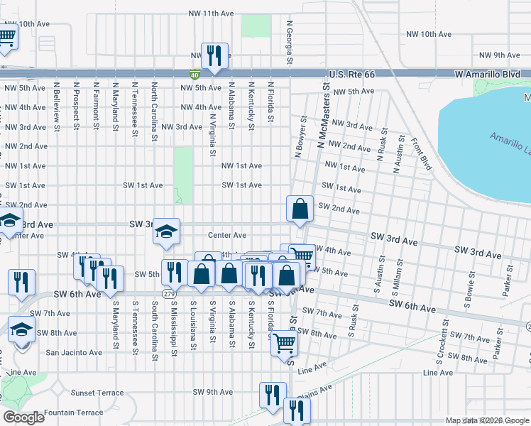 map of restaurants, bars, coffee shops, grocery stores, and more near 200 South Florida Street in Amarillo