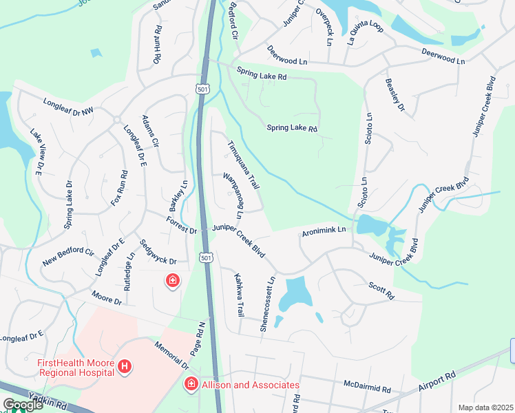 map of restaurants, bars, coffee shops, grocery stores, and more near 1 Timuquana Trail in Pinehurst