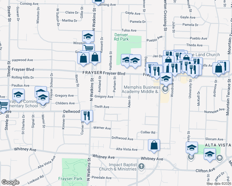 map of restaurants, bars, coffee shops, grocery stores, and more near 3290 Parham Street in Memphis