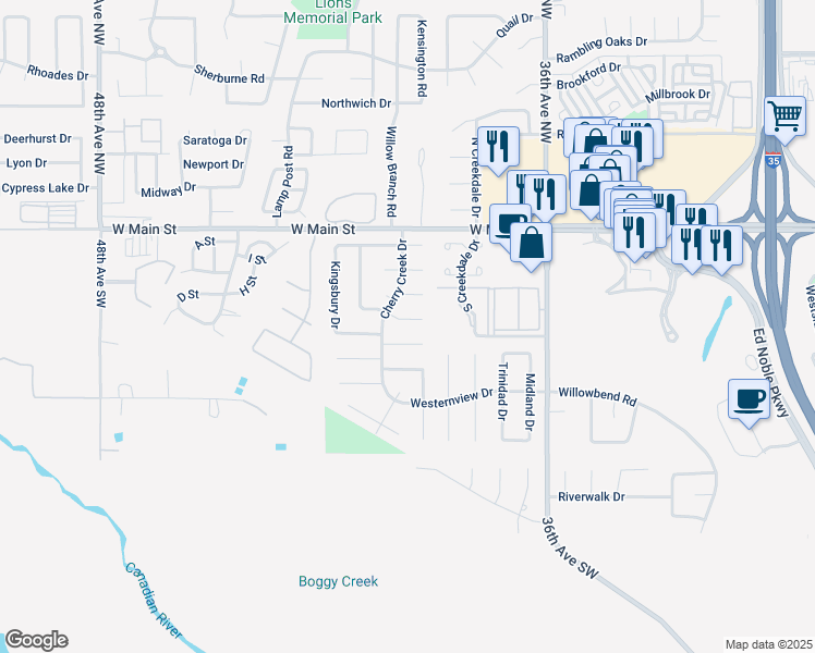 map of restaurants, bars, coffee shops, grocery stores, and more near 3918 Pine Tree Circle in Norman