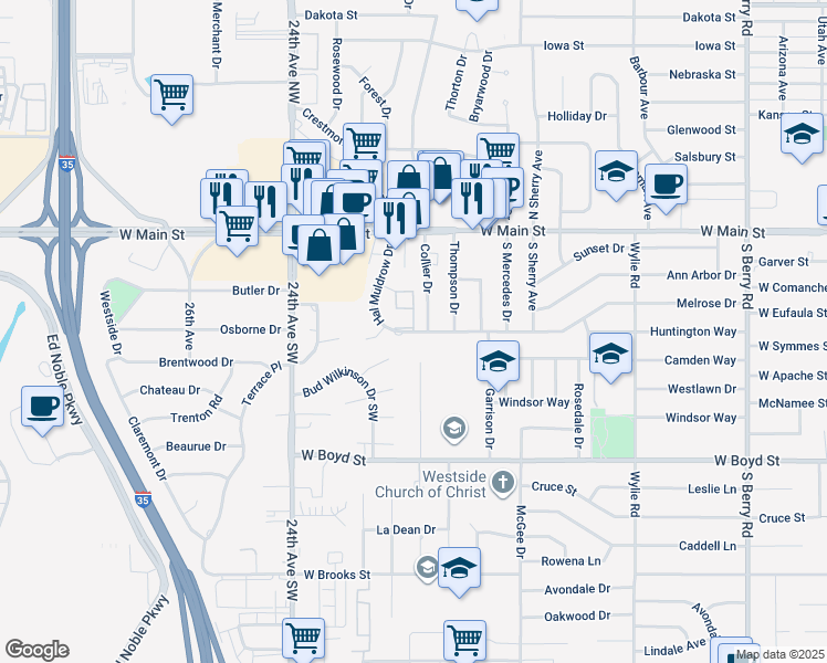 map of restaurants, bars, coffee shops, grocery stores, and more near 2111 Melrose Drive in Norman