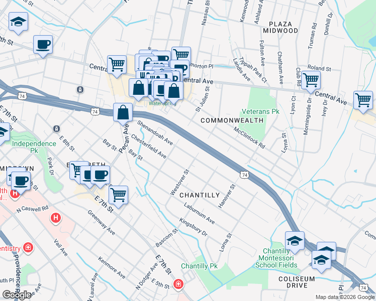 map of restaurants, bars, coffee shops, grocery stores, and more near 2225 Shenandoah Avenue in Charlotte