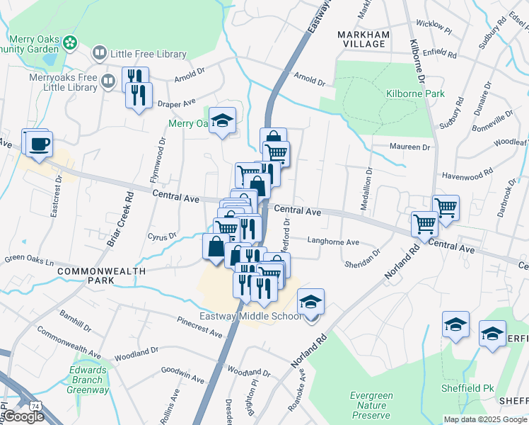 map of restaurants, bars, coffee shops, grocery stores, and more near in Charlotte