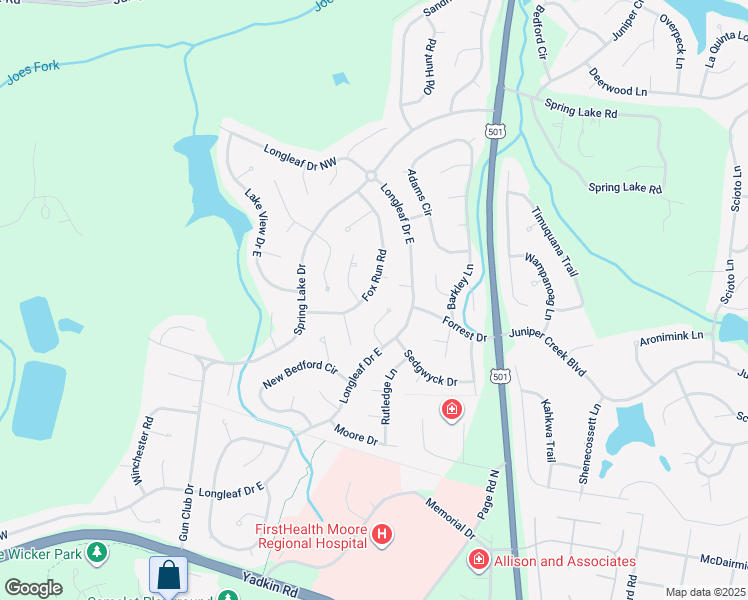 map of restaurants, bars, coffee shops, grocery stores, and more near 102 Fox Run Road in Pinehurst