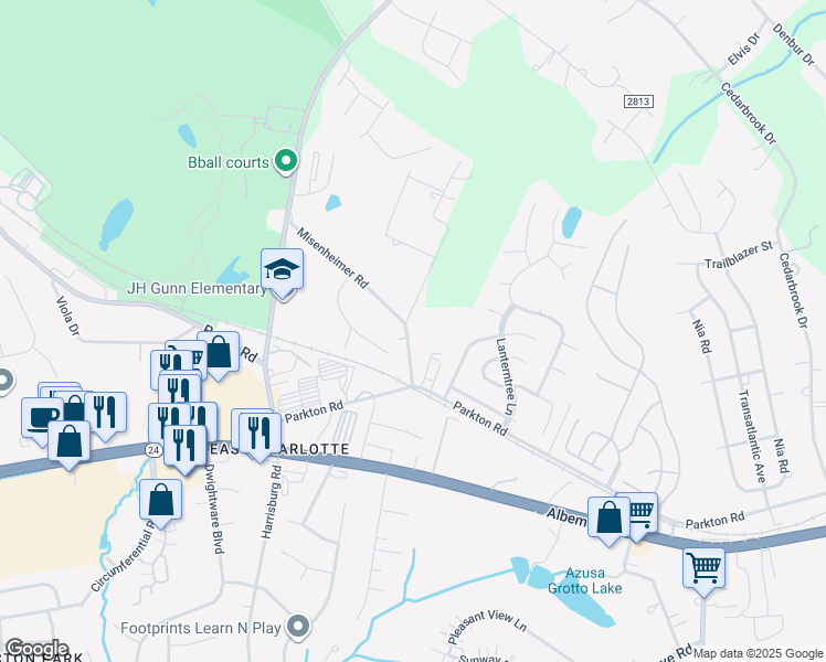 map of restaurants, bars, coffee shops, grocery stores, and more near 9709 Misenheimer Road in Charlotte