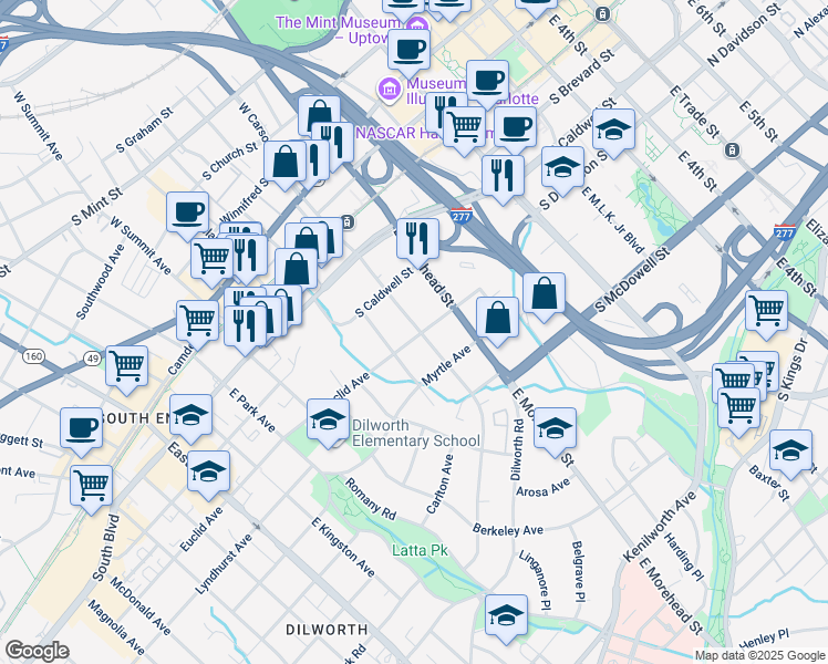 map of restaurants, bars, coffee shops, grocery stores, and more near 1106 Euclid Avenue in Charlotte
