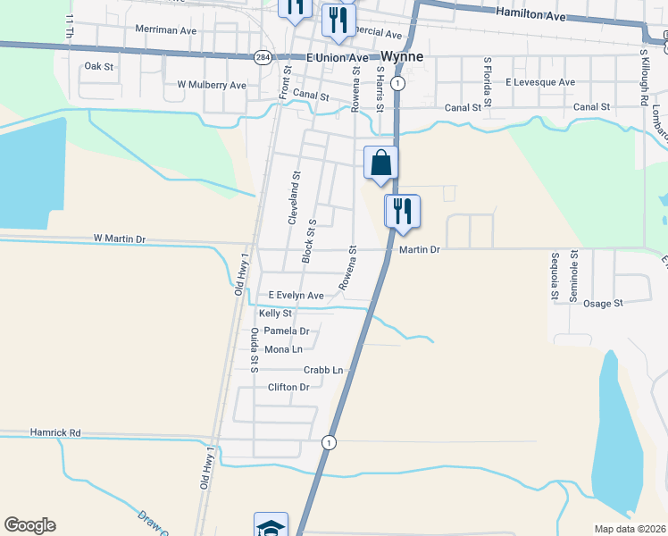 map of restaurants, bars, coffee shops, grocery stores, and more near 324 East Mildred Drive in Wynne