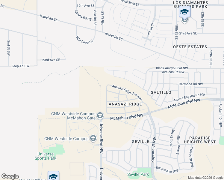 map of restaurants, bars, coffee shops, grocery stores, and more near 6563 Cliff Dwellers Road Northwest in Albuquerque