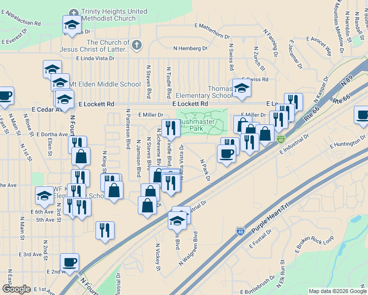 map of restaurants, bars, coffee shops, grocery stores, and more near 3125 North Alta Vista Drive in Flagstaff