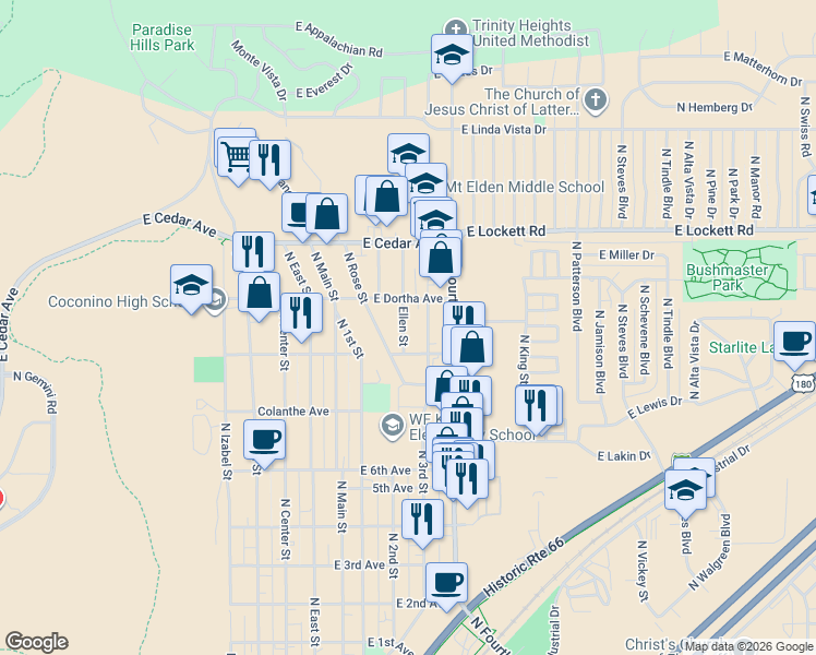 map of restaurants, bars, coffee shops, grocery stores, and more near 2801 North 3rd Street in Flagstaff