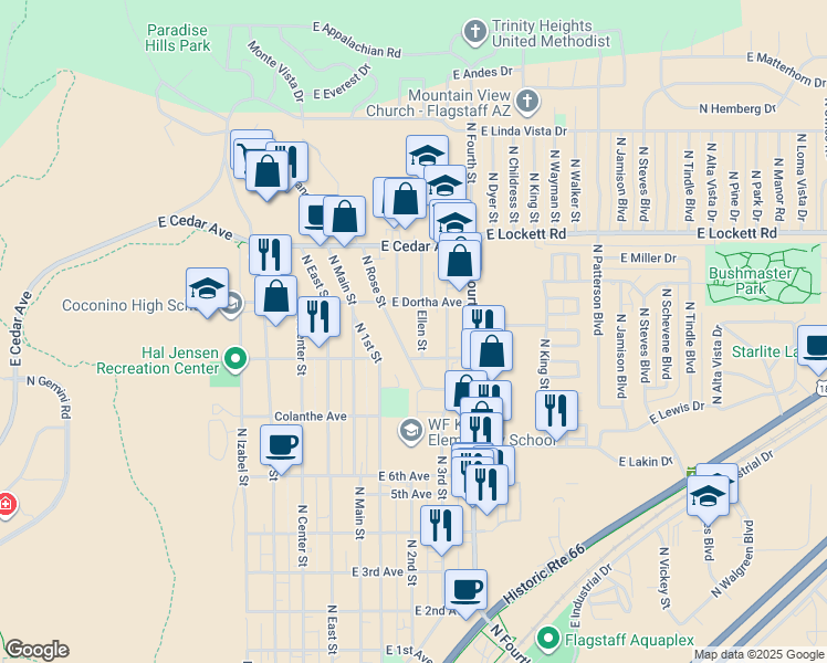 map of restaurants, bars, coffee shops, grocery stores, and more near 2800 North Rose Street in Flagstaff
