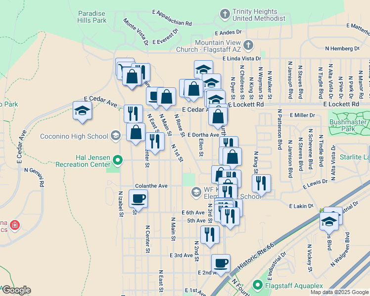 map of restaurants, bars, coffee shops, grocery stores, and more near 2800 North Rose Street in Flagstaff