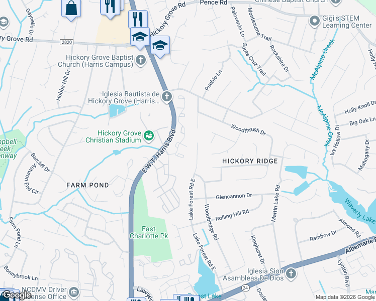 map of restaurants, bars, coffee shops, grocery stores, and more near 6517 Lake Forest Road East in Charlotte