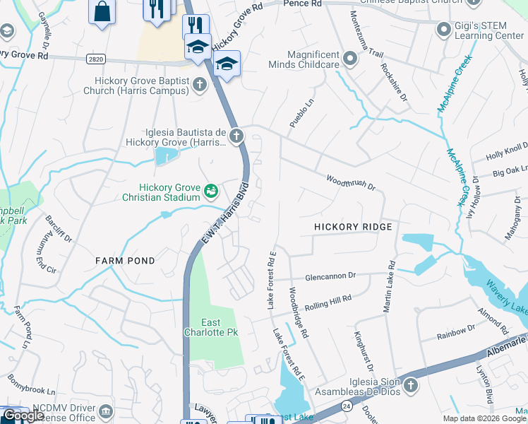 map of restaurants, bars, coffee shops, grocery stores, and more near 6517 Lake Forest Road East in Charlotte