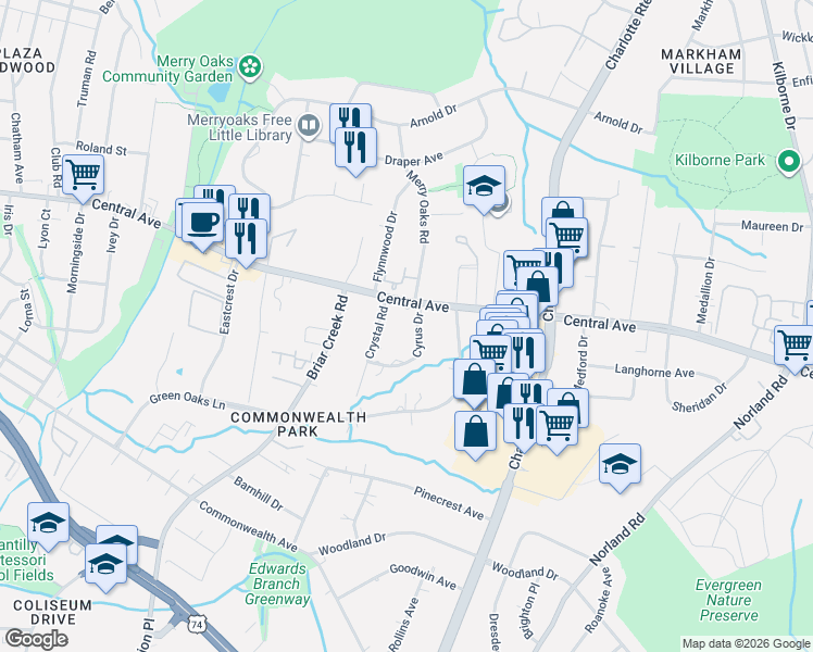 map of restaurants, bars, coffee shops, grocery stores, and more near 1542 Crystal Road in Charlotte