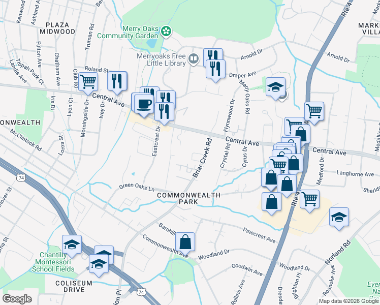 map of restaurants, bars, coffee shops, grocery stores, and more near in Charlotte