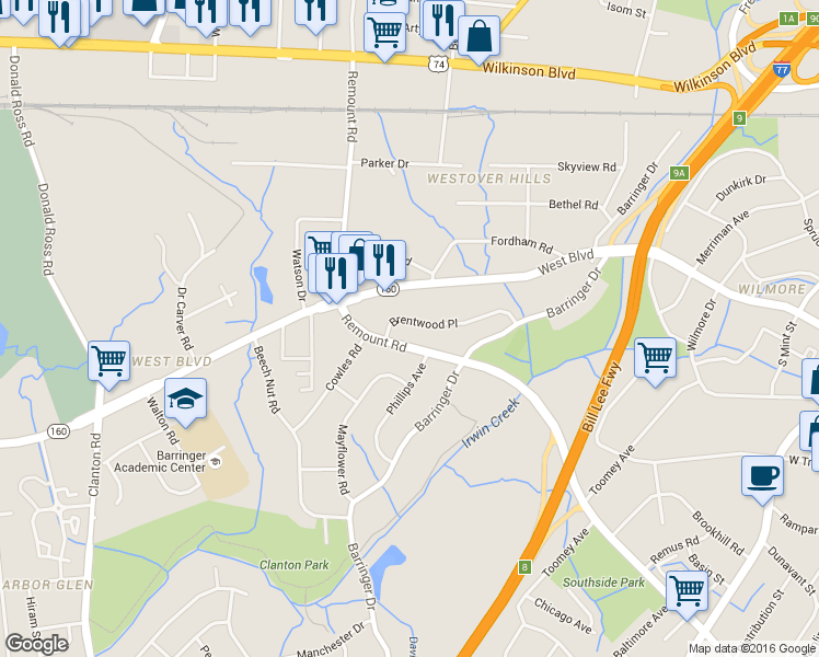 map of restaurants, bars, coffee shops, grocery stores, and more near 2639 Brentwood Place in Charlotte