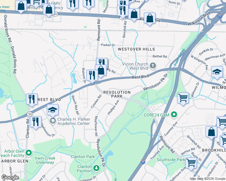 map of restaurants, bars, coffee shops, grocery stores, and more near 2639 Brentwood Place in Charlotte