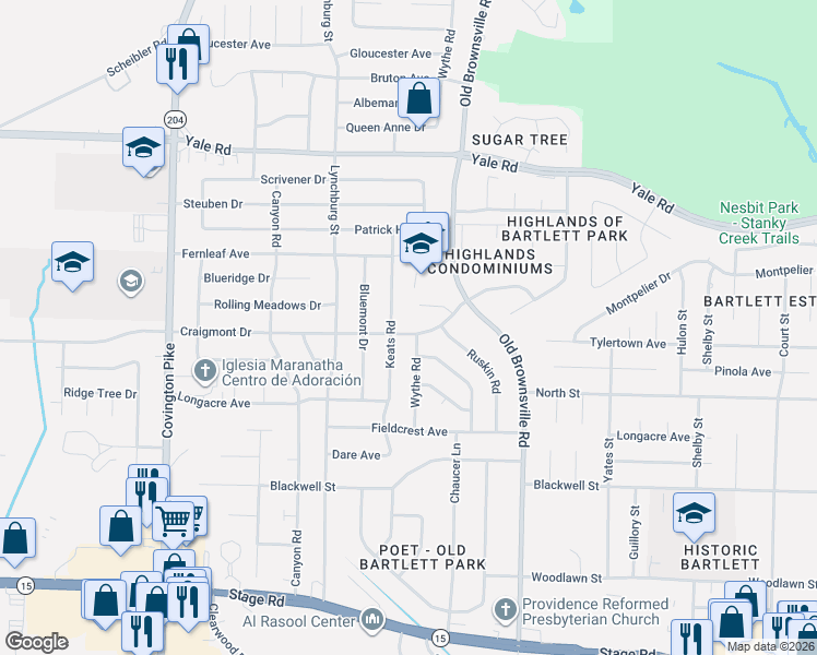 map of restaurants, bars, coffee shops, grocery stores, and more near 5366 Craigmont Drive in Memphis