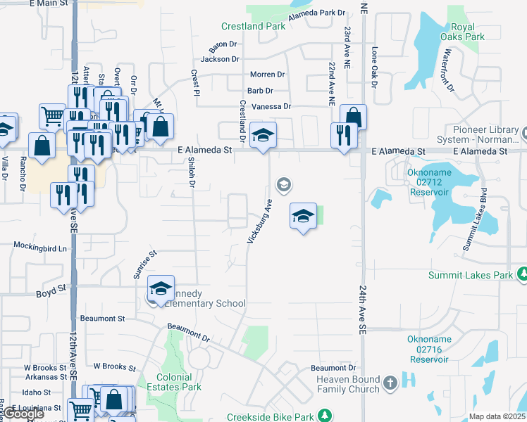 map of restaurants, bars, coffee shops, grocery stores, and more near 218 Vicksburg Avenue in Norman