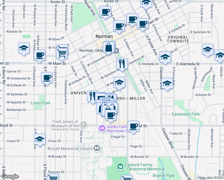 map of restaurants, bars, coffee shops, grocery stores, and more near 205 West Linn Street in Norman