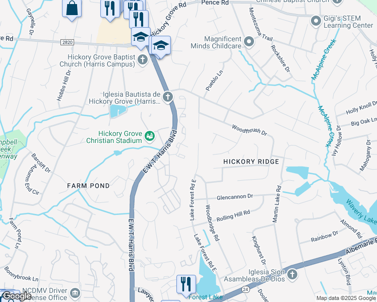 map of restaurants, bars, coffee shops, grocery stores, and more near 6517 Lake Forest Road East in Charlotte