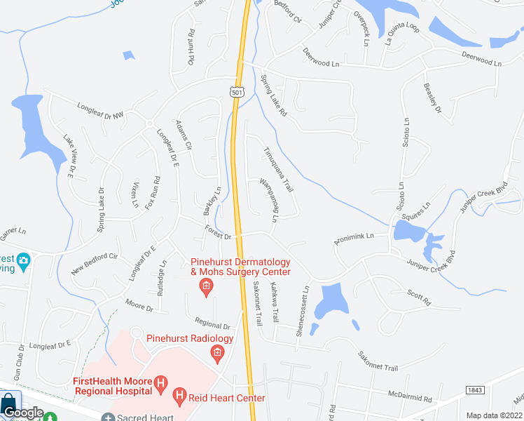 map of restaurants, bars, coffee shops, grocery stores, and more near 6 Minikahada Trail in Pinehurst