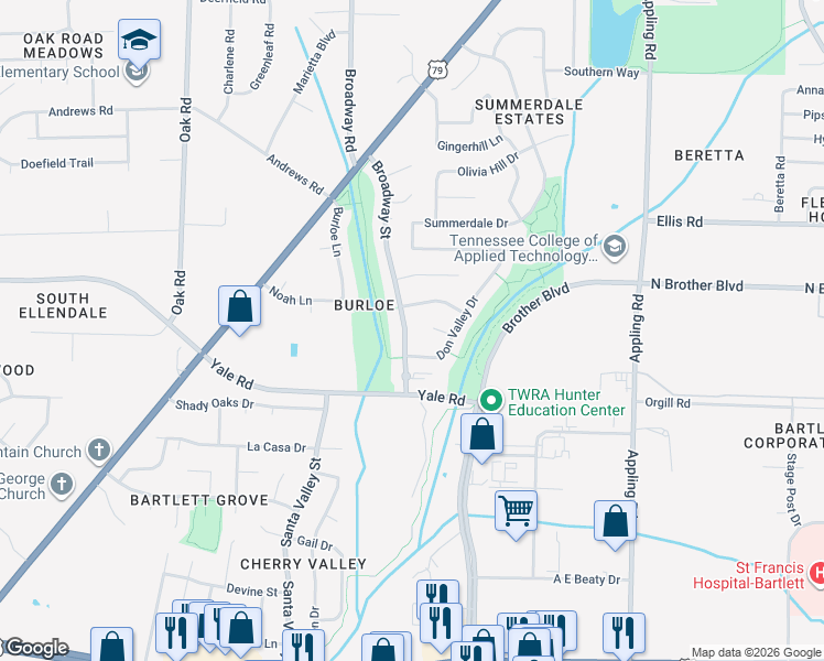 map of restaurants, bars, coffee shops, grocery stores, and more near 3296 Broadway Street in Bartlett