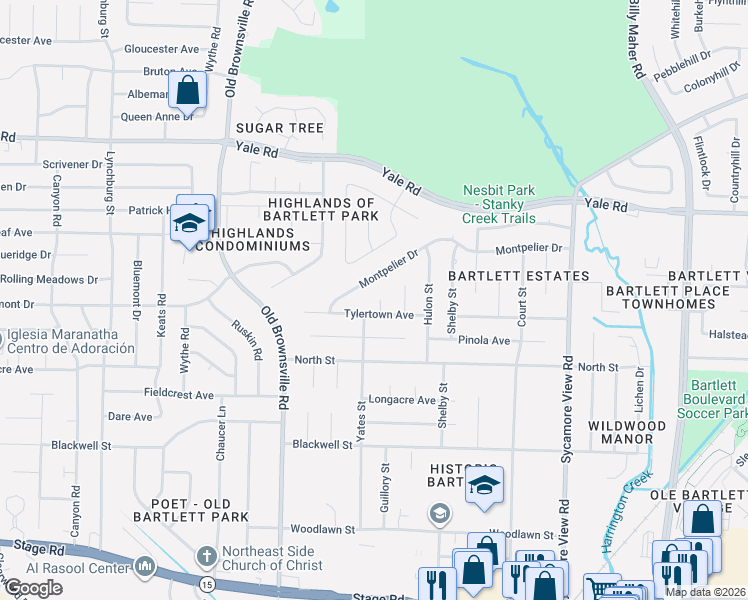 map of restaurants, bars, coffee shops, grocery stores, and more near 5575 Montpelier Drive in Bartlett
