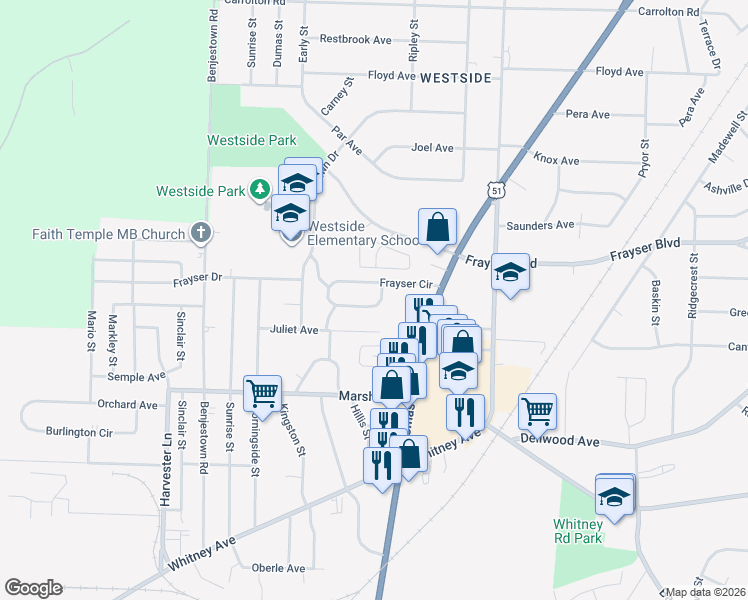 map of restaurants, bars, coffee shops, grocery stores, and more near 883 Frayser Circle in Memphis