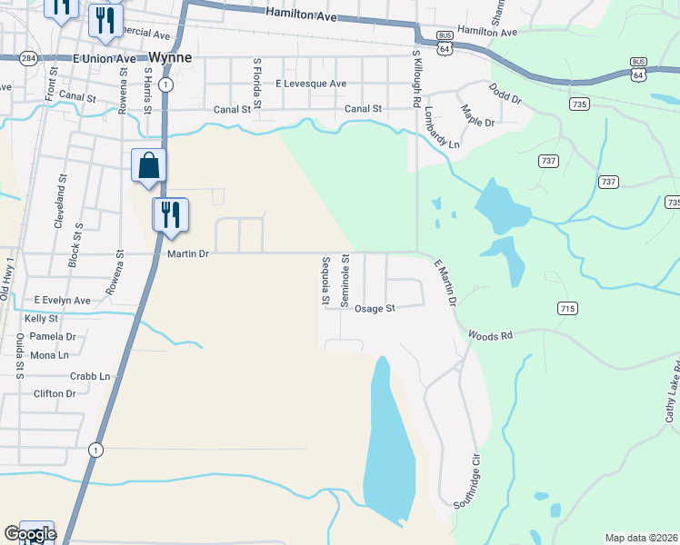 map of restaurants, bars, coffee shops, grocery stores, and more near 108 Seminole Street in Wynne