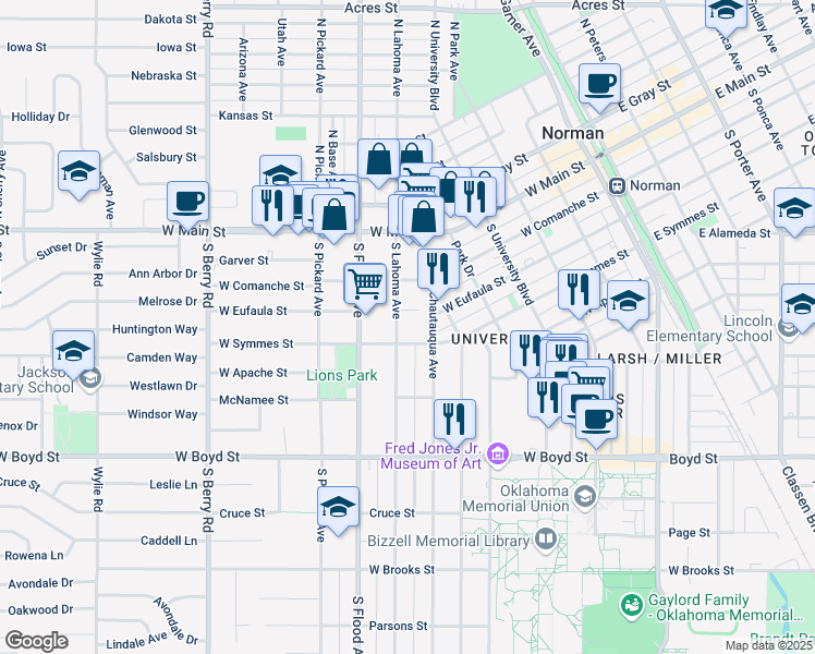 map of restaurants, bars, coffee shops, grocery stores, and more near 313 South Lahoma Avenue in Norman