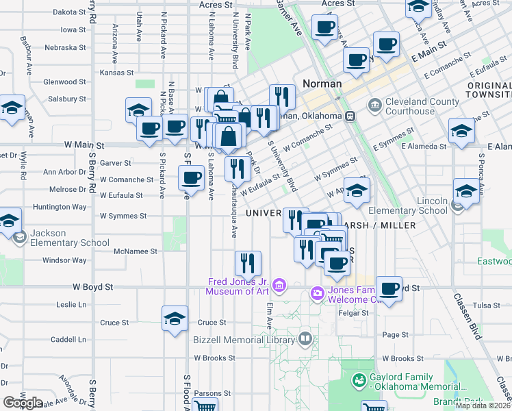 map of restaurants, bars, coffee shops, grocery stores, and more near 525 West Symmes Street in Norman