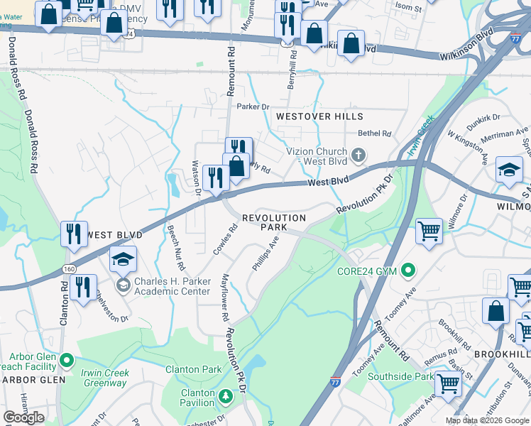 map of restaurants, bars, coffee shops, grocery stores, and more near 2639 Brentwood Place in Charlotte