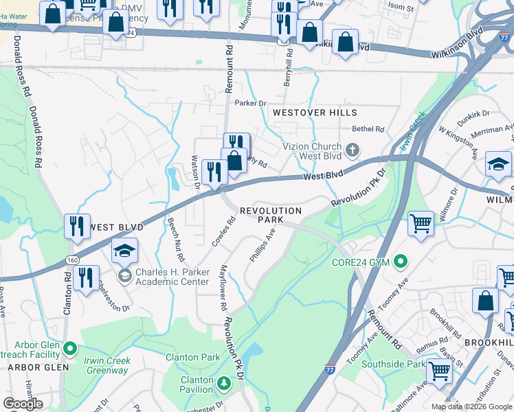 map of restaurants, bars, coffee shops, grocery stores, and more near 2639 Brentwood Place in Charlotte