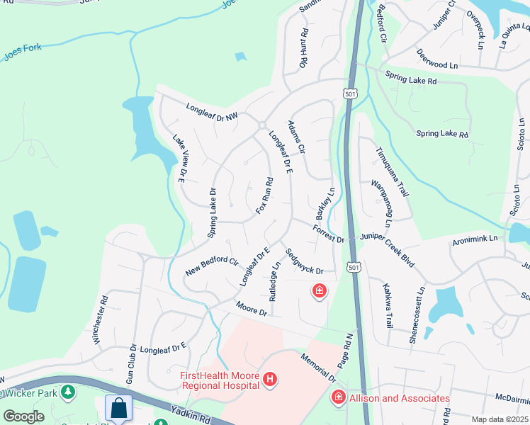 map of restaurants, bars, coffee shops, grocery stores, and more near 104 Fox Run Road in Pinehurst