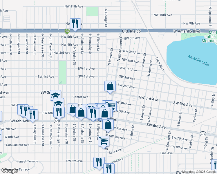 map of restaurants, bars, coffee shops, grocery stores, and more near 200 South Georgia Street in Amarillo