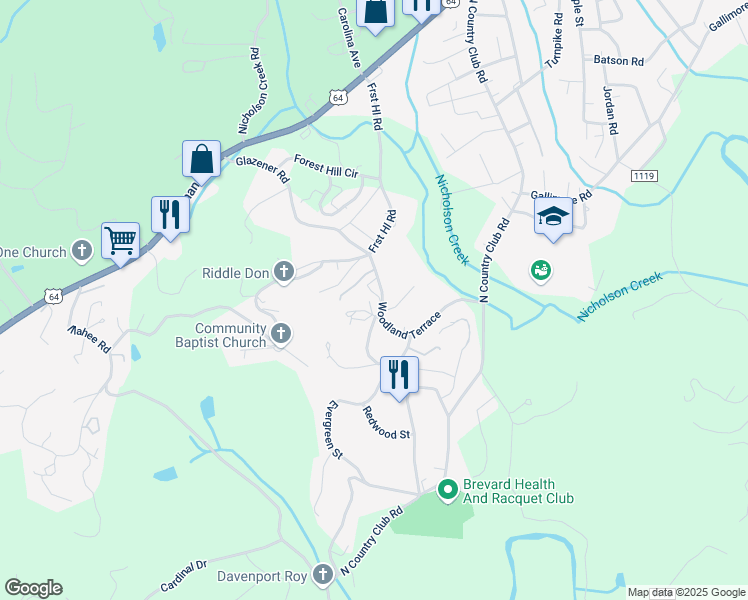 map of restaurants, bars, coffee shops, grocery stores, and more near 124 Woodland Terrace in Brevard