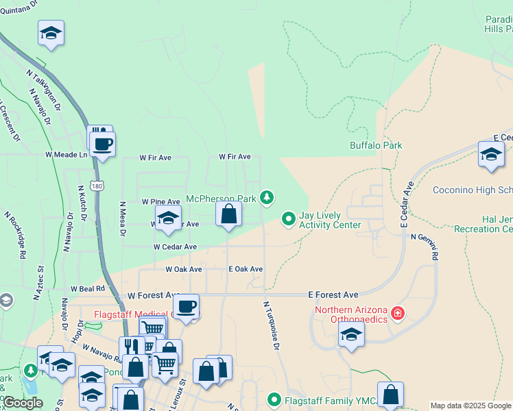 map of restaurants, bars, coffee shops, grocery stores, and more near 1721 North Turquoise Drive in Flagstaff