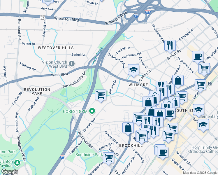 map of restaurants, bars, coffee shops, grocery stores, and more near 1931 Wilmore Drive in Charlotte