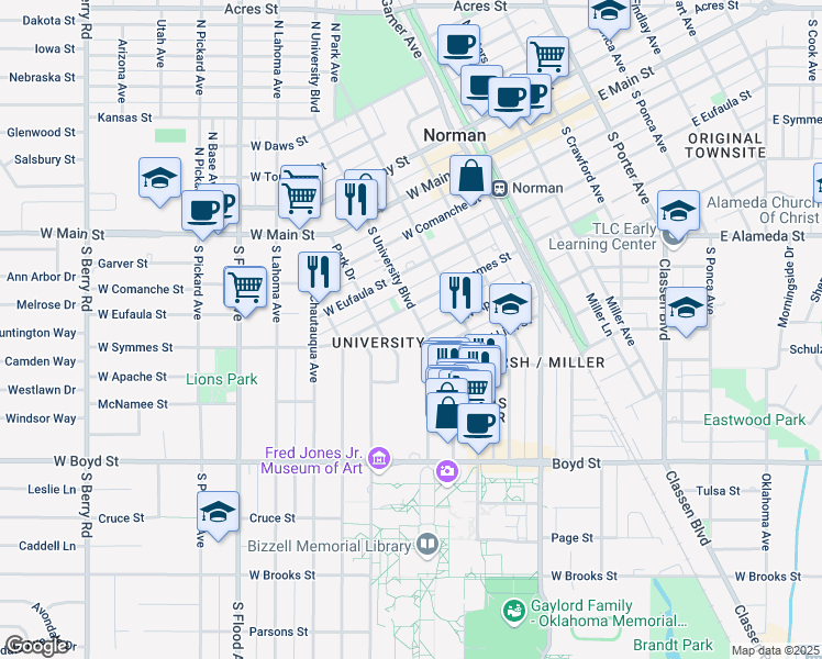 map of restaurants, bars, coffee shops, grocery stores, and more near 416 South University Boulevard in Norman
