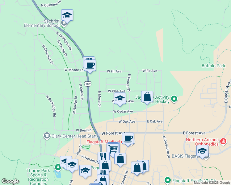 map of restaurants, bars, coffee shops, grocery stores, and more near 1724 North Sunset Drive in Flagstaff