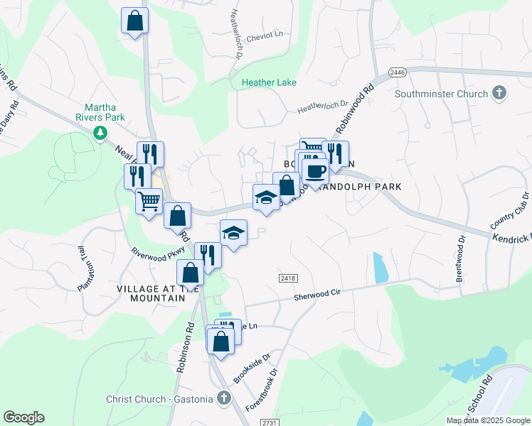 map of restaurants, bars, coffee shops, grocery stores, and more near 3430 North Carolina 2446 in Gastonia