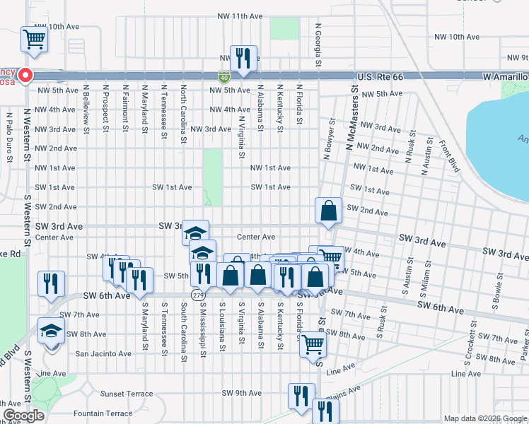 map of restaurants, bars, coffee shops, grocery stores, and more near 203 South Alabama Street in Amarillo