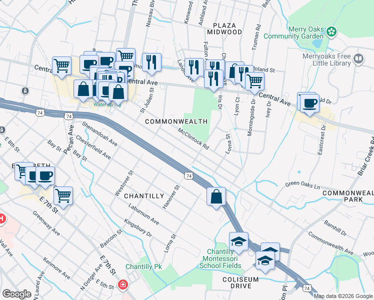 map of restaurants, bars, coffee shops, grocery stores, and more near 2421 Commonwealth Avenue in Charlotte