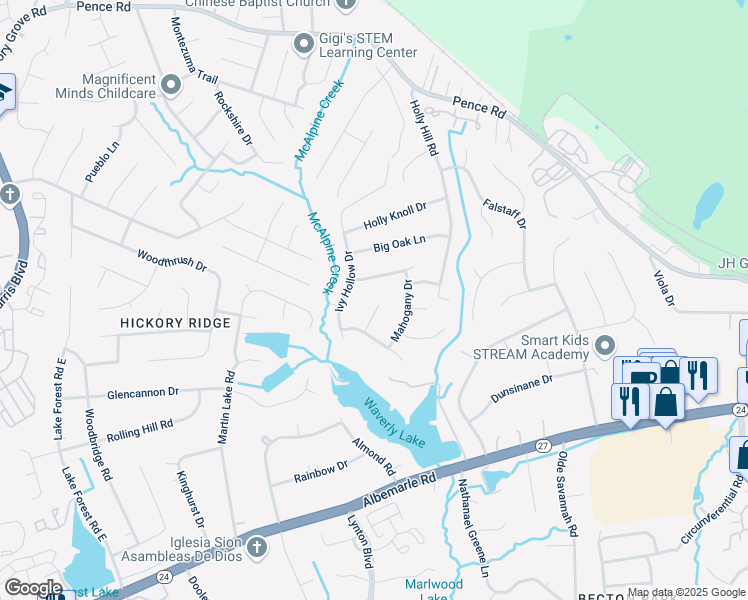 map of restaurants, bars, coffee shops, grocery stores, and more near 8104 Stem Court in Charlotte