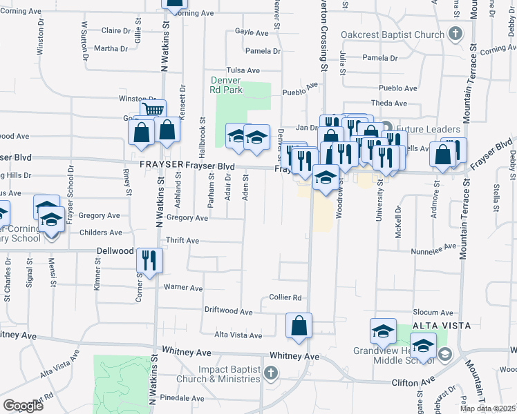 map of restaurants, bars, coffee shops, grocery stores, and more near 3289 Frayser View Drive in Memphis