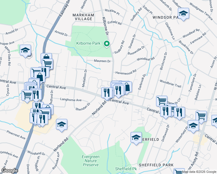 map of restaurants, bars, coffee shops, grocery stores, and more near 4385 Central Avenue in Charlotte