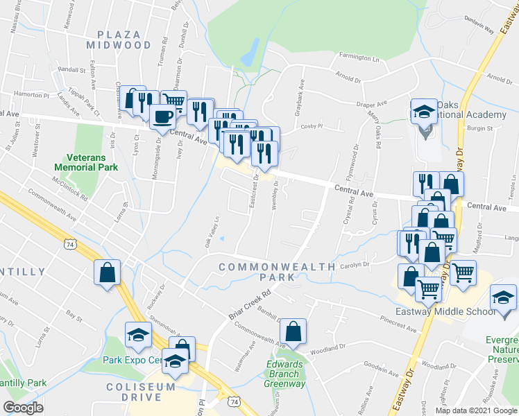 map of restaurants, bars, coffee shops, grocery stores, and more near 1600 Eastcrest Drive in Charlotte